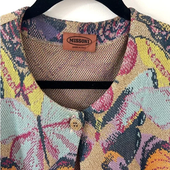 Missoni 1970s Vintage Metallic Knit Butterfly One Button Cardigan VGVC Sweater